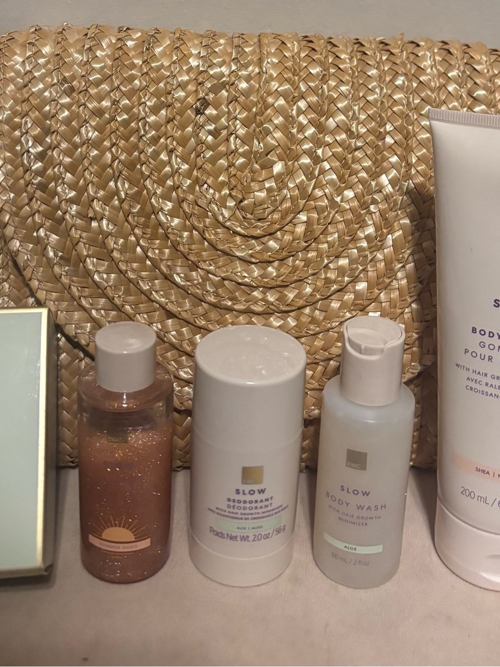 NWT European Wax Center EWC Slow Body Care Set with Woven Clutch Bag